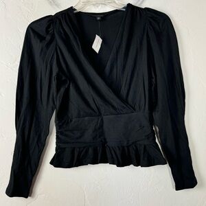 Banana Republic Shirt Knit Top Blouse‎ Solid Black Wrap V Neck Ruffle Modal Soft